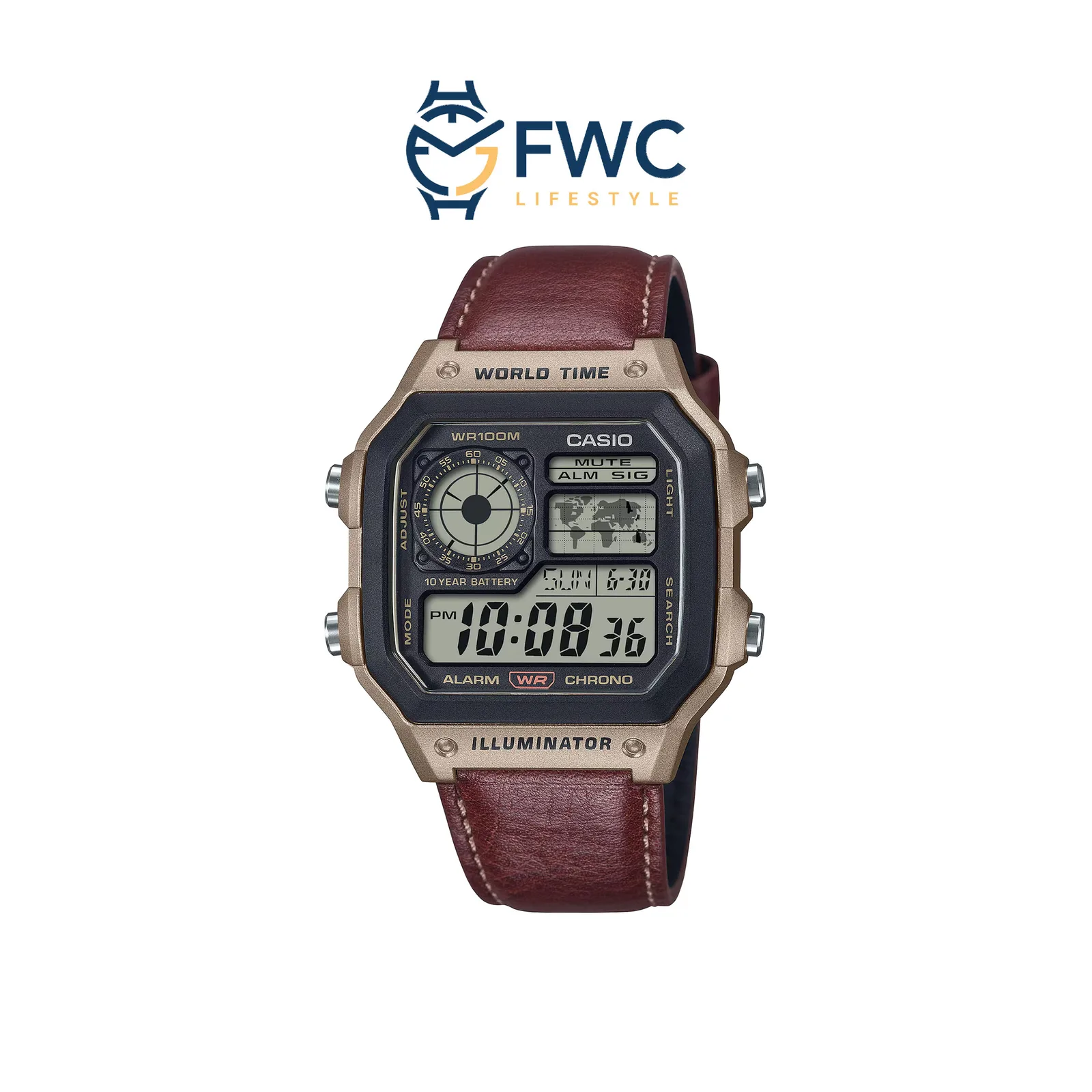 Casio Standard Digital World Time Brown Leather Strap Quartz AE